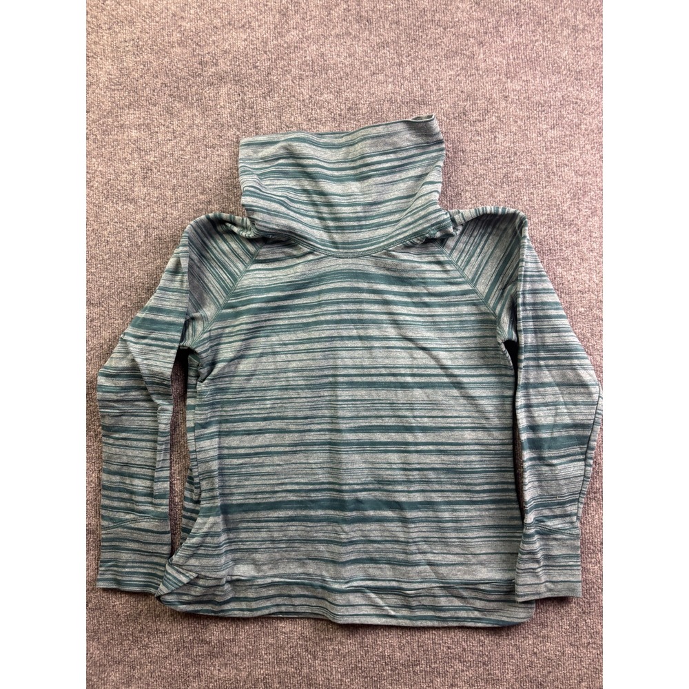 Kuhl Cowl Neck Pullover Women Size L Blue Teal Striped Raglan Long Sleeve Top